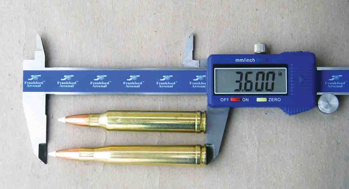 The .300 Winchester Magnum at top is notably shorter than the .300 H&H Magnum.